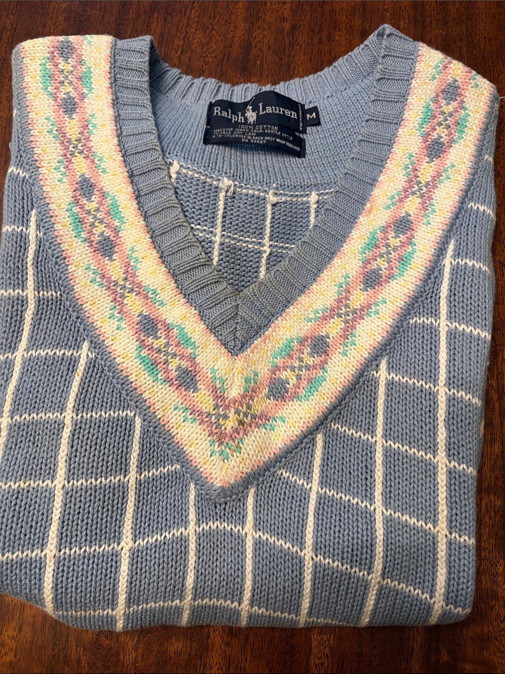 Ralph Lauren Blue and White Windowpane V-Neck Sweater Vest with Pastel Trim
